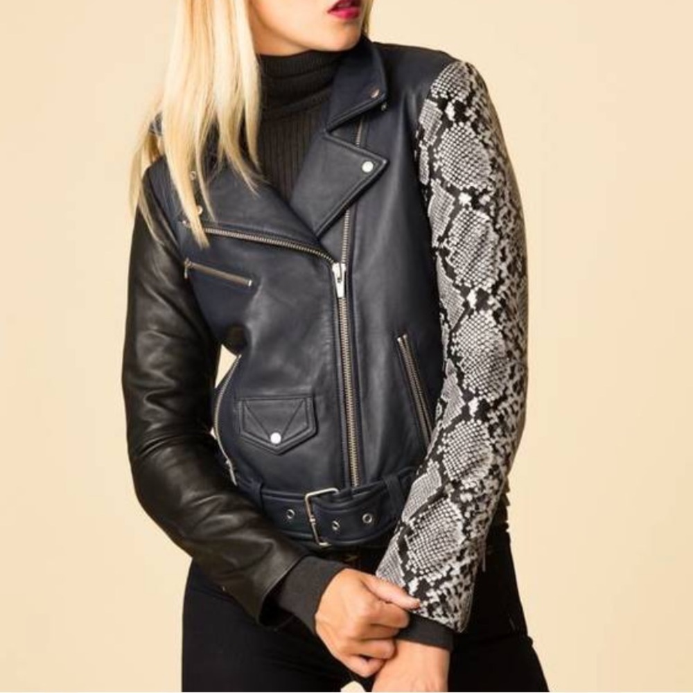 Veda Jayne Mixed Print Snakeskin Lam Leather Jacket